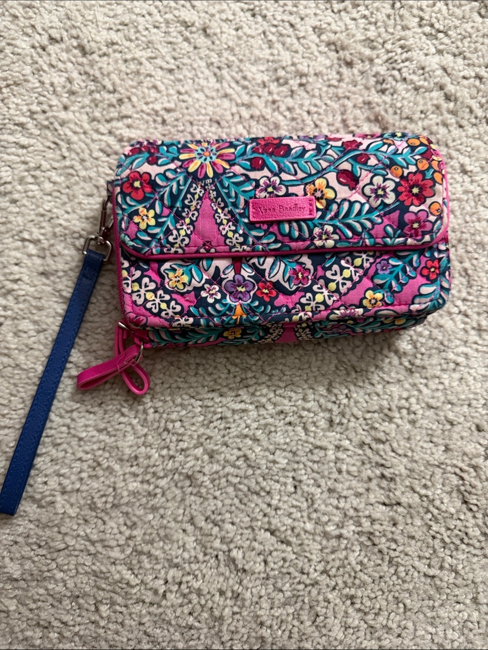Vera Bradley Pink Floral Quilted Wristlet with Blue Strap